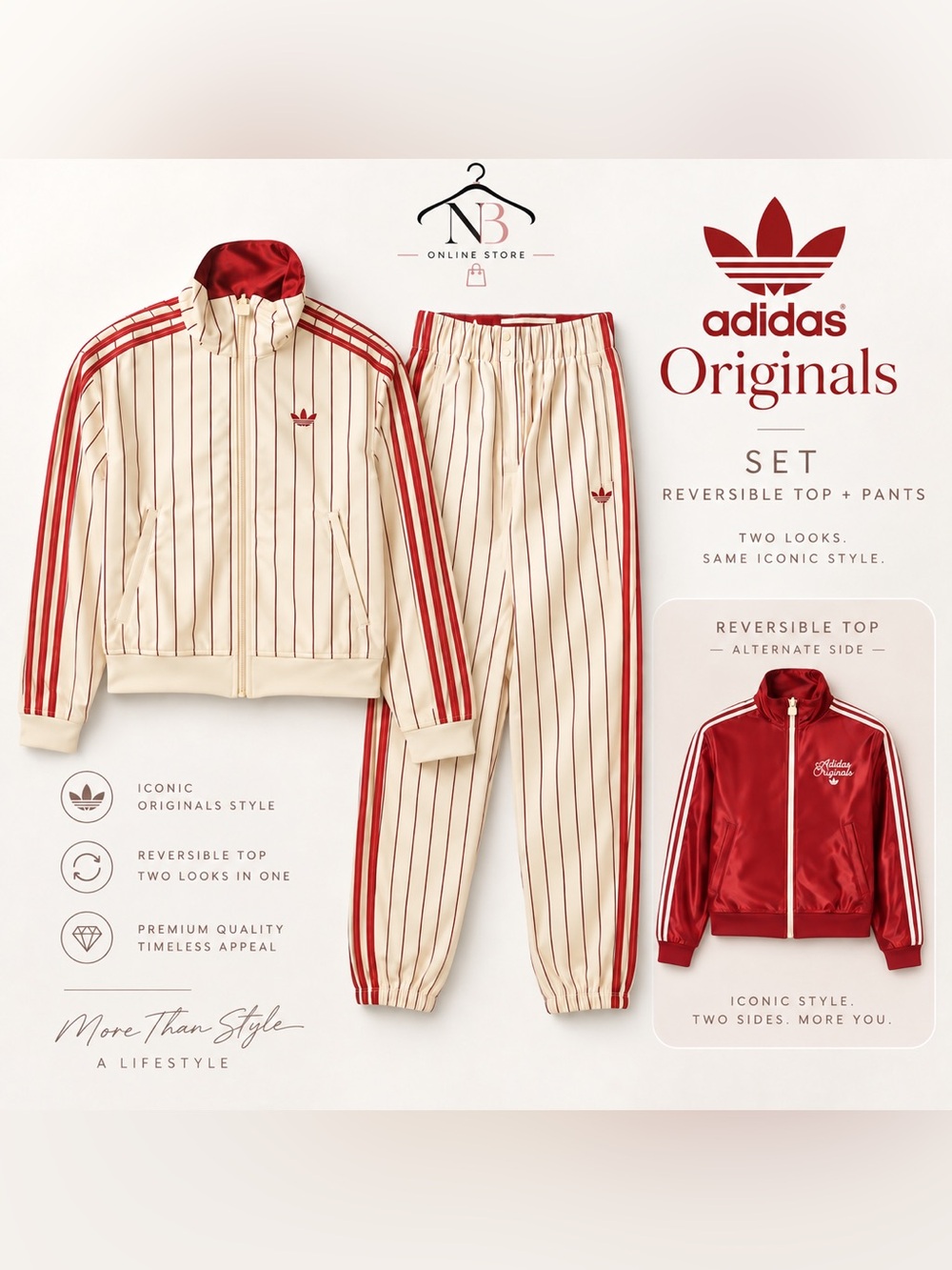 adidas Originals set Cream & Red Pinstriped Track Pants & reversible top
